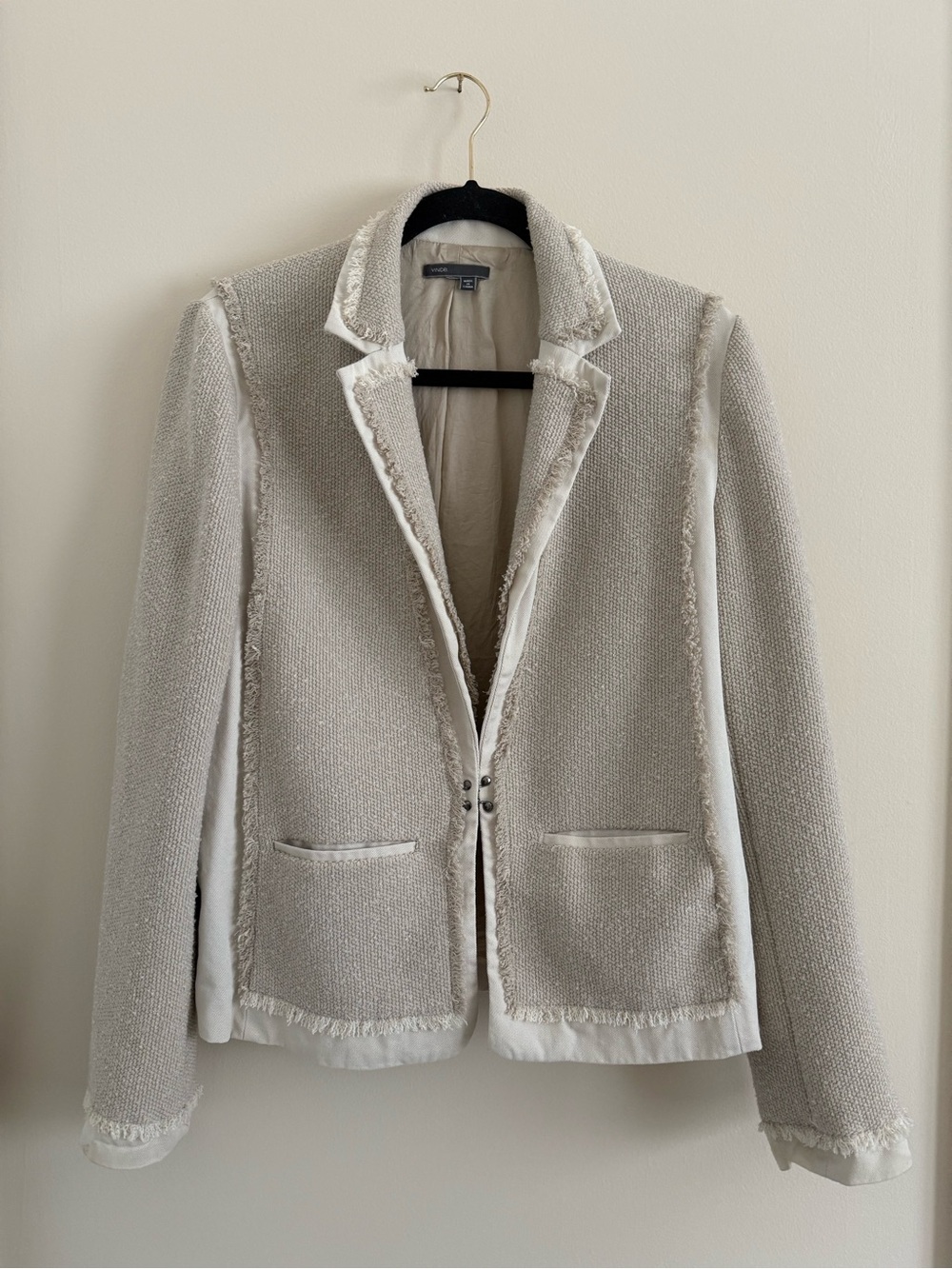 Vince Cream Bouclé Frayed-Edge Blazer Large / Fringed Twill Paneled Tweed Jacket